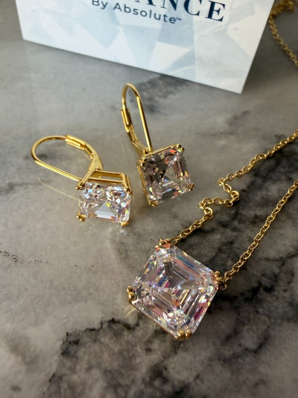 NIB Radiance by Absolute 19.70ctw 925 Silver Asscher Necklace & Earrings - Gold